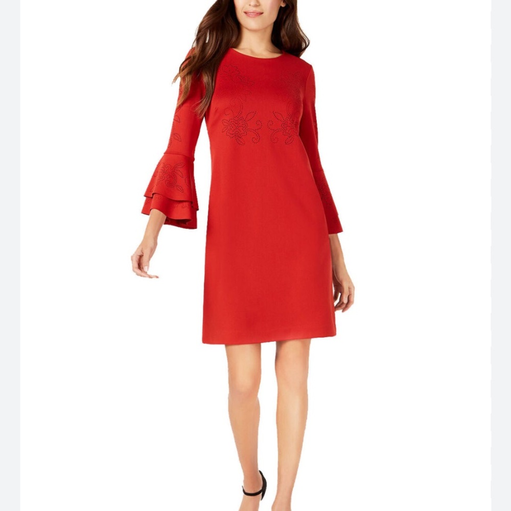 ALFANI Red Laser Cut Bell Sleeve Dress 14P NWT - Picture 3 of 13